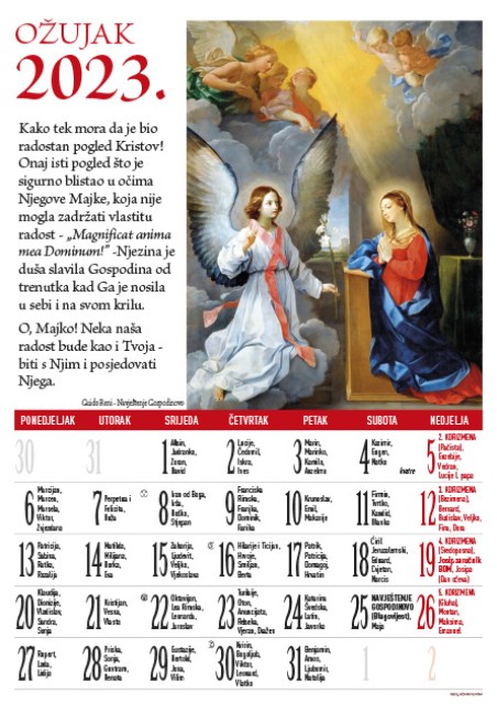 Marija katolički kalendar za 2023. godinu